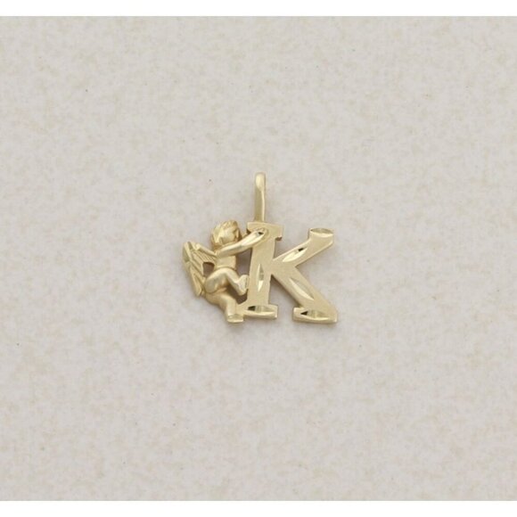 Pendant Only 14k Yellow Gold Letter K Initial Monogram Angel Pendant 1/2" x 5/8" - Picture 1 of 7